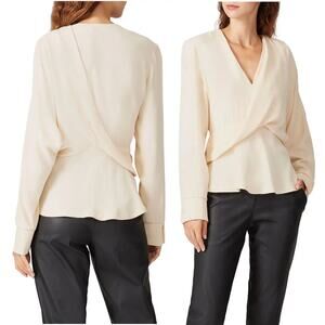 Atlein Ivory Embellished Ruffled Long Sleeve V Neck Top Sz Small Quiet Luxury